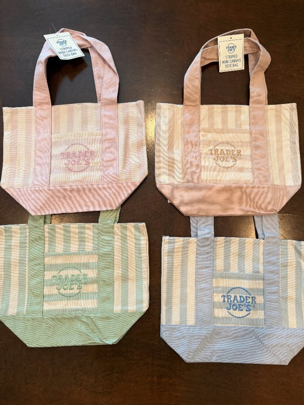 NEW Set of 4 new striped TRADER JOES MINI TOTE BAGS - 1 of each color